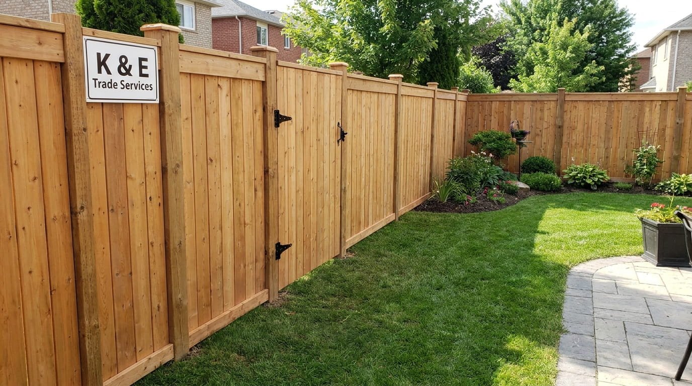Professionally installed wood privacy fence and gate surrounding a residential backyard by K & E Trade Services